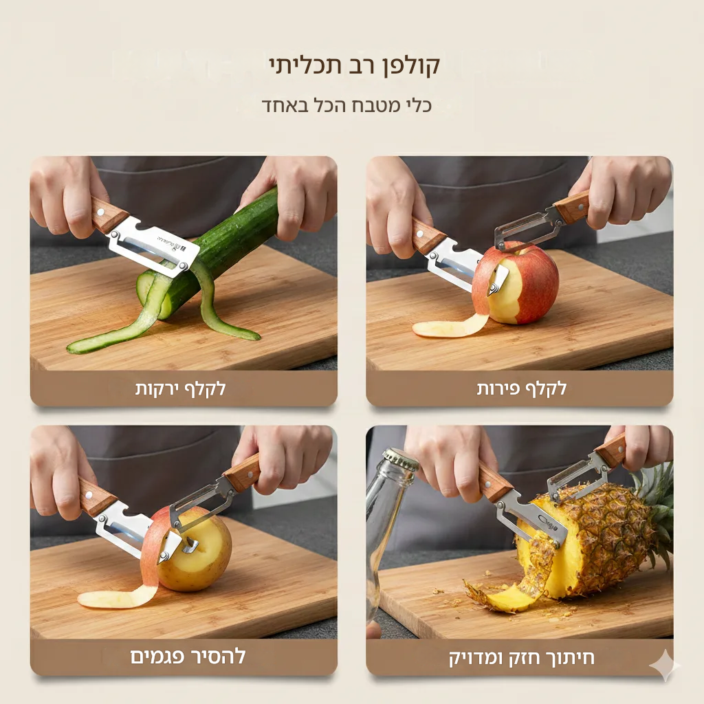 🔥 קולפן 5 ב-1 🥕 מנירוסטה, עמידות גבוהה, נקי, קילוף מדויק + פותחן בקבוקים